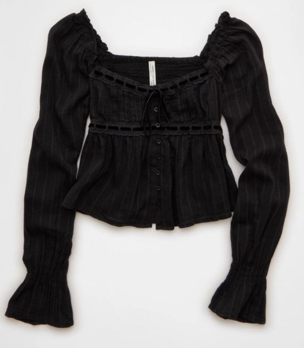 American Eagle Black Smocked Babydoll Cottagecore Peasant Top NWT M